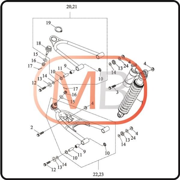 (23) - Dreieckslenker rechts unten komplett rot - Access AMS 4.30 SM (Vergaser) (RK3SP2217)